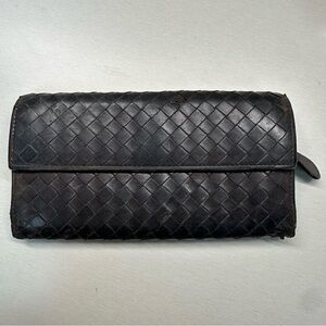 BOTTGA VENETA Intrecciato Brown Leather Bifold Long Wallet Purse